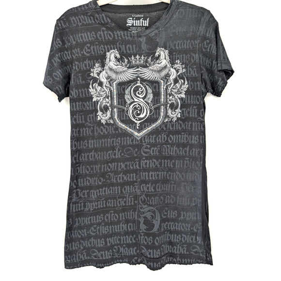 VTG Y2K Sinful Affliction Womens Black Graphic Print Rock Gothic Bling Crest Tee - Picture 1 of 8